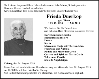 Traueranzeige von Frieda Düerkop von Neue Presse Coburg