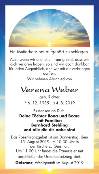 Traueranzeige von Verena Weber von Südthüringer Presse