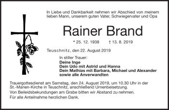 Traueranzeige von Rainer Brand von Neue Presse Coburg