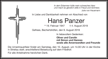 Traueranzeige von Hans Panzer von Frankenpost