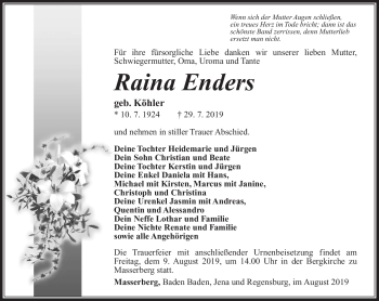 Traueranzeige von Raina Enders von Südthüringer Presse