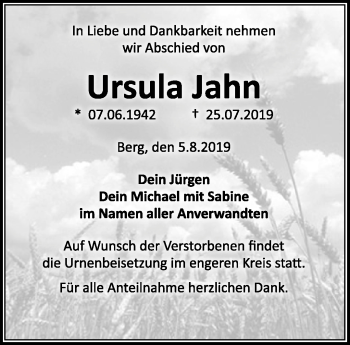 Traueranzeige von Ursula Jahn von Frankenpost