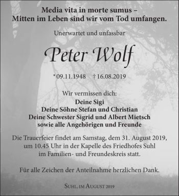 Traueranzeige von Peter Wolf von Südthüringer Presse