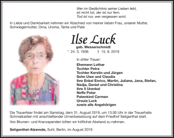 Traueranzeige von Ilse Luck von Südthüringer Presse