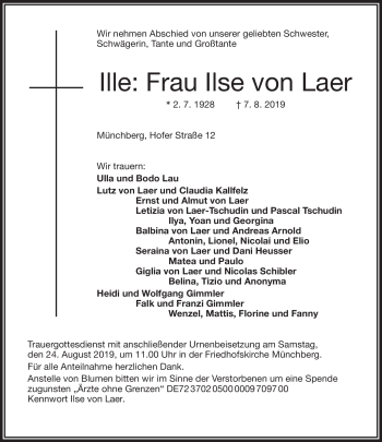 Traueranzeige von von Laer Ilse von Frankenpost