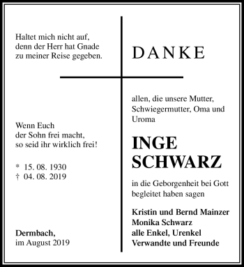 Traueranzeige von Inge Schwarz von Südthüringer Presse