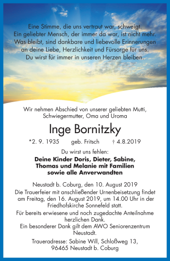 Traueranzeige von Inge Bornitzky von Neue Presse Coburg