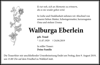 Traueranzeige von Walburga Eberlein von Südthüringer Presse