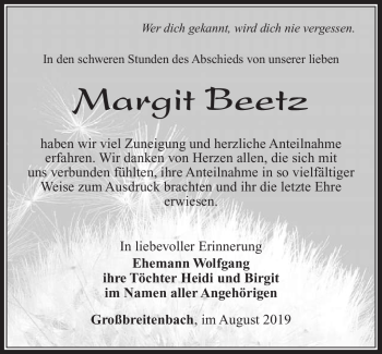 Traueranzeige von Margit Beetz von Südthüringer Presse