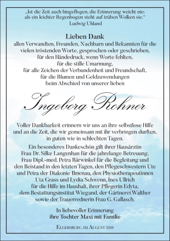 Traueranzeige von Ingeborg Rohner von Südthüringer Presse