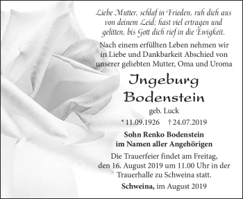 Traueranzeige von Ingeburg Bodenstein von Südthüringer Presse