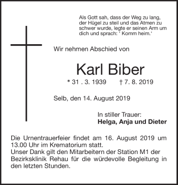 Traueranzeige von Karl Biber von Frankenpost