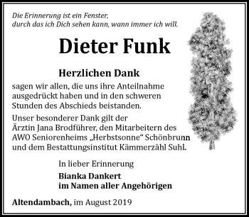 Traueranzeige von Dieter Funk von Südthüringer Presse