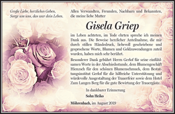 Traueranzeige von Gisela Griep von Südthüringer Presse