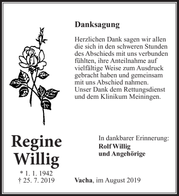 Traueranzeige von Regine Willig von Südthüringer Presse