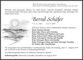 Traueranzeige von Bernd Schäfer von Südthüringer Presse