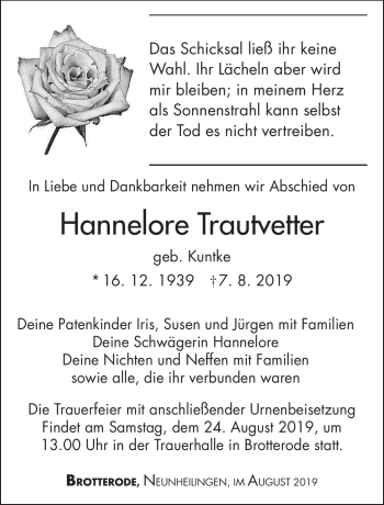 Traueranzeige von Hannelore Trautvetter von Südthüringer Presse