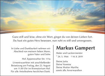 Traueranzeige von Markus Gampert von Frankenpost