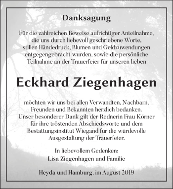 Traueranzeige von Eckhard Ziegenhagen von Südthüringer Presse