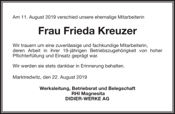 Traueranzeige von Frieda Kreuzer von Frankenpost