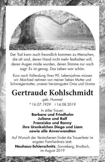 Traueranzeige von Gertraude Kohlschmidt von Südthüringer Presse