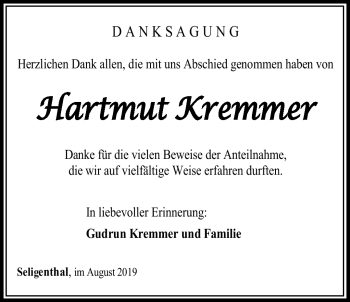 Traueranzeige von Hartmut Kremmer von Südthüringer Presse