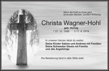 Traueranzeige von Christa Wagner-Hohl von Frankenpost