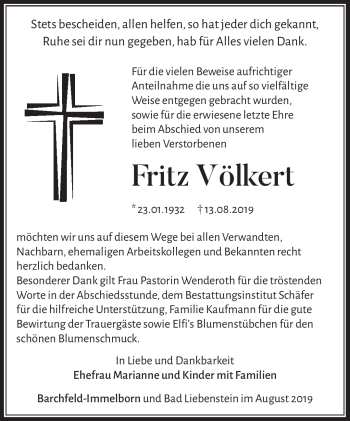 Traueranzeige von Fritz Völkert von Südthüringer Presse