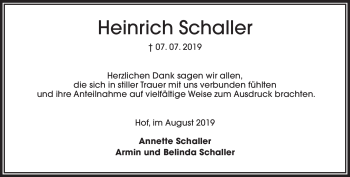 Traueranzeige von Heinrich Schaller von Frankenpost