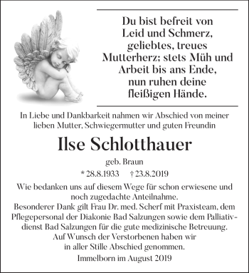 Traueranzeige von Ilse Schlotthauer von Südthüringer Presse
