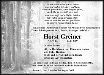Traueranzeige von Horst Greiner von Südthüringer Presse