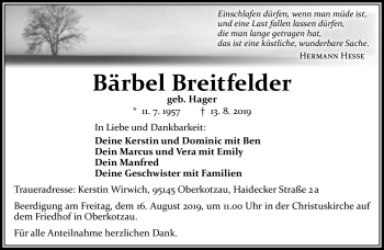 Traueranzeige von Bärbel Breitfelder von Frankenpost