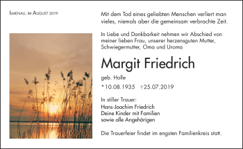 Traueranzeige von Margit Friedrich von Südthüringer Presse