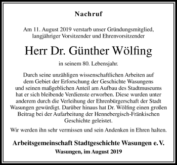 Traueranzeige von Günter Wölfing von Südthüringer Presse