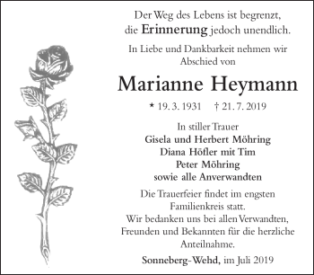 Traueranzeige von Marianne Heymann von Südthüringer Presse