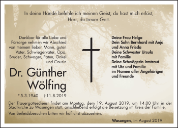 Traueranzeige von Dr. Günther Wölfing von Südthüringer Presse