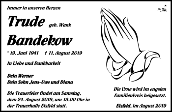 Traueranzeige von Trude Bandekow von Südthüringer Presse