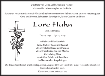 Traueranzeige von Lore Hahn von Südthüringer Presse