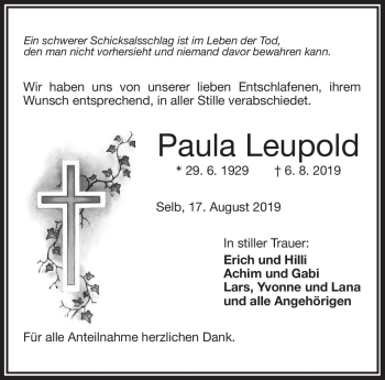 Traueranzeige von Paula Leupold von Frankenpost