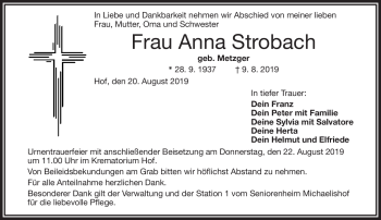 Traueranzeige von Anna Strobach von Frankenpost