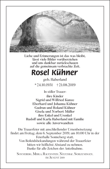 Traueranzeige von Rosel Kühner von Südthüringer Presse