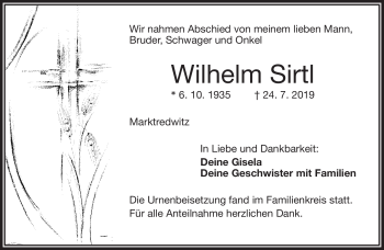Traueranzeige von Wilhelm Sirtl von Frankenpost