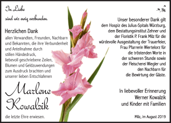 Traueranzeige von Marlene Kowalzik von Südthüringer Presse