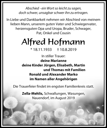 Traueranzeige von Alfred Hofmann von Südthüringer Presse