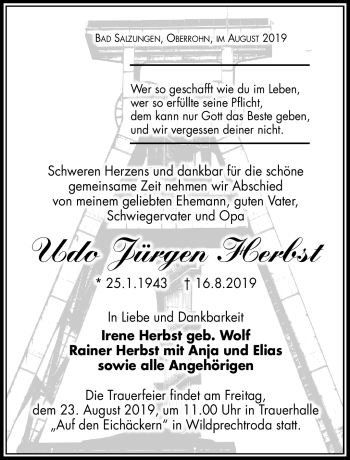 Traueranzeige von Udo Jürgen Herbst von Südthüringer Presse