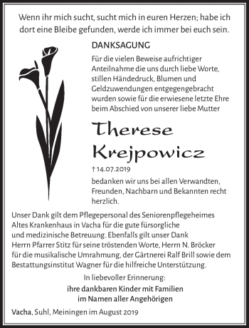 Traueranzeige von Therese Kreijpowicz von Südthüringer Presse
