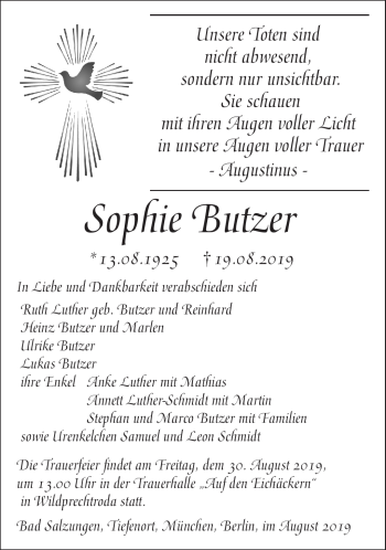 Traueranzeige von Sophie Butzer von Südthüringer Presse