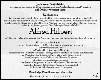 Traueranzeige von Alfred Hilpert von Südthüringer Presse
