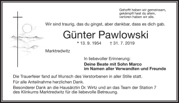 Traueranzeige von Günter Pawlowski von Frankenpost