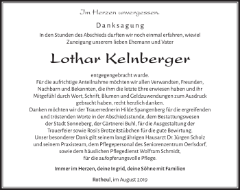 Traueranzeige von Lothar Kelnberger von Südthüringer Presse
